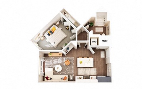 Floor plan for 1 bed, 1 bath, 701 sqft